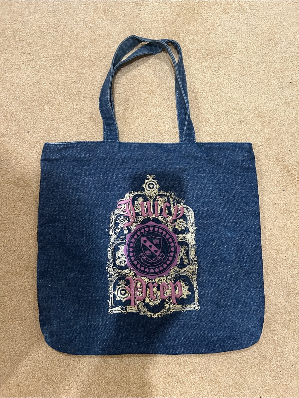 Vintage Juicy Couture Dark Blue Denim Tote with Pink & Gold Crest